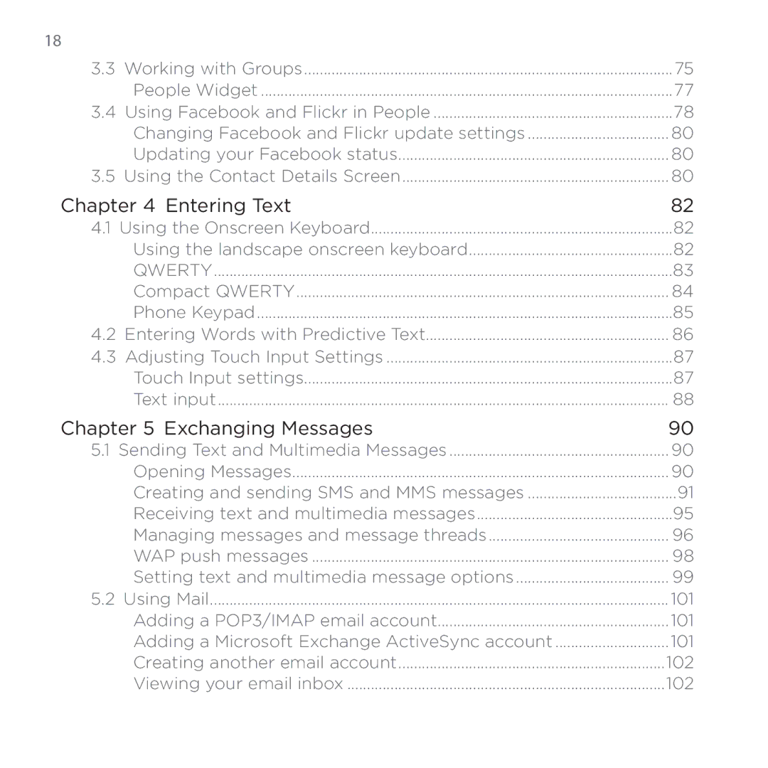 HTC 200 manual 18 , Changing Facebook and Flickr update settings, Setting text and multimedia message options, 101, 102 